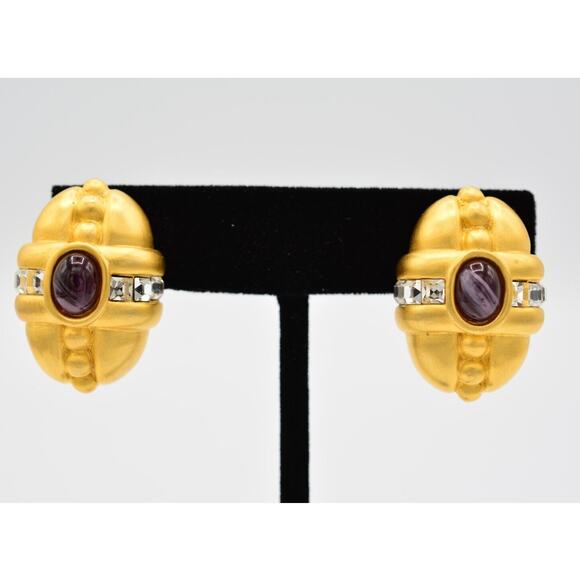 Givenchy Vintage Cabochon Clip On Earrings Brushed Gold Purple Signed 80s BinAO - Picture 1 of 12